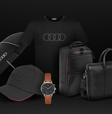 Černý deštník, černá kšiltovka, černý batoh, černá taška s logem Audi a hnědé hodinky