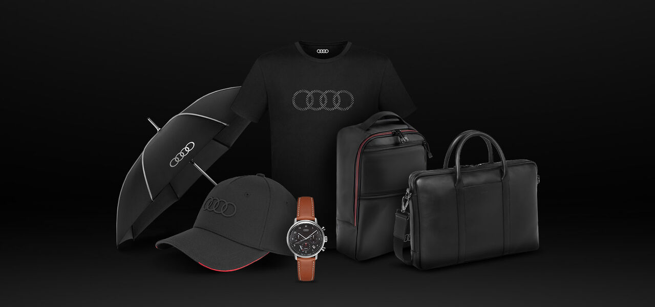 Černý deštník, černá kšiltovka, černý batoh, černá taška s logem Audi a hnědé hodinky