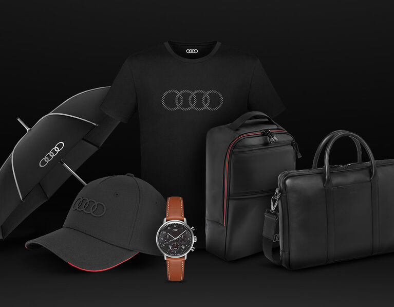 Černý deštník, černá kšiltovka, černý batoh, černá taška s logem Audi a hnědé hodinky